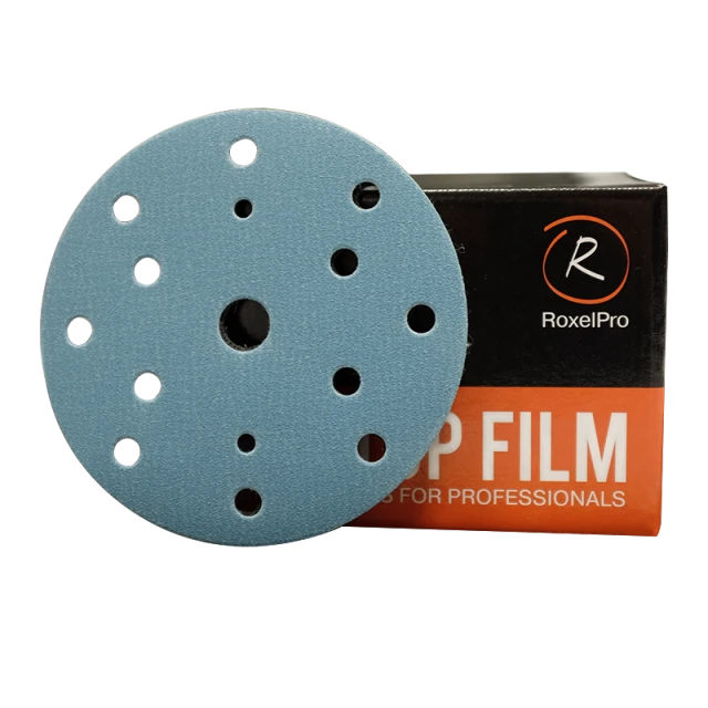 RoxelPro Шлифовальный круг ROXTOP FILM 150мм на липучке, 15 отв, синий P120, (коробка 100шт)